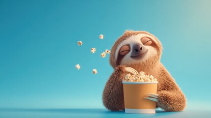 Obraz premium A cute animated sloth holding a large bucket of popcorn, smiling happily against a bright blue background