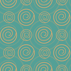 Fototapeta premium Spiral circles geometric pattern seamless. Cream beige shapes on blue green background, textile.