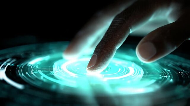 Close-up of a finger activating a futuristic glowing digital interface with a soft blue light.