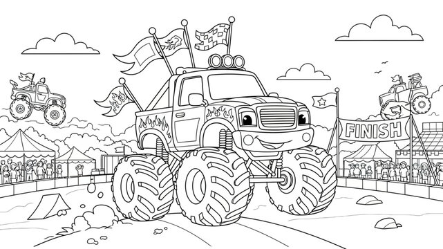 Monster Truck Illustration With Banners And Flags At Racing Festival in Coloring Book Style