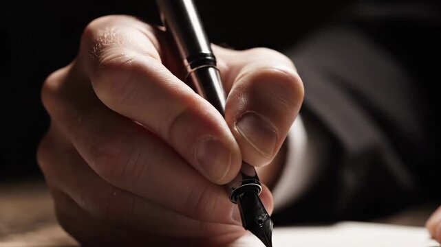 Intense Focus as a Hand Grips a Fountain Pen Writing on Paper, Demonstrating Deep Concentration and Dedication
