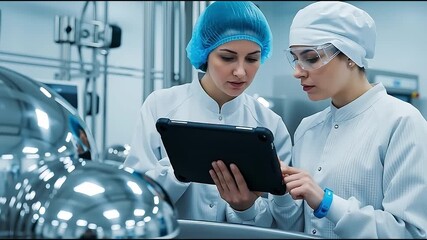 Two scientists in a laboratory working with a tablet - Powered by Adobe