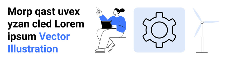 Woman seated with a laptop pointing upward, gear icon symbolizing innovation, and wind turbine for sustainable energy. Ideal for technology, teamwork, innovation, renewable energy, sustainability