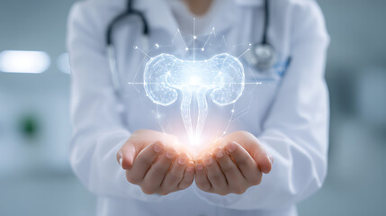 Doctor holding glowing kidney hologram with medical technology healthcare science