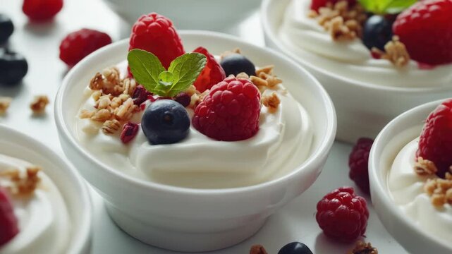A mouthwatering yogurt parfait topped with fresh berries and crunchy granola in a white bowl on a table.