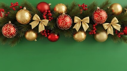 Christmas decoration with ornaments and bows on green background