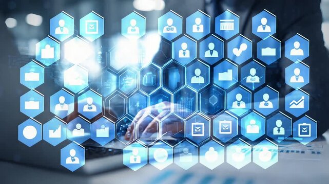 Digital network of human resources and business icons connecting on a futuristic interface