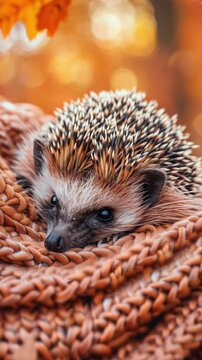 A tiny hedgehog snuggled in warm, brown leaves, showing off its cute face as it seems to be enjoying the coziness of its surroundings. The colors range from soft browns to vibrant oranges and reds