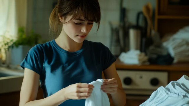 A young female is standing in a kitchen and carefully sorting the clothes from a pile of laundry. She's wearing a casual t-shirt and has her hair pulled back, focusing on her task.