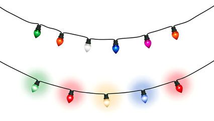 Naklejka premium Two Strings of Colorful Christmas Lights on White Background