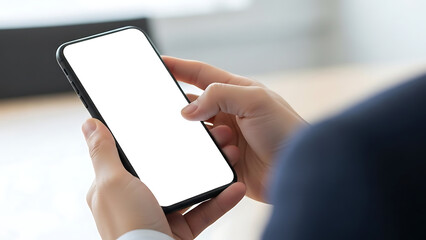 Hands holding a sleek smartphone with a blank white screen, ideal for showcasing digital content, app design, or highlighting mobile technology and modern connectivity