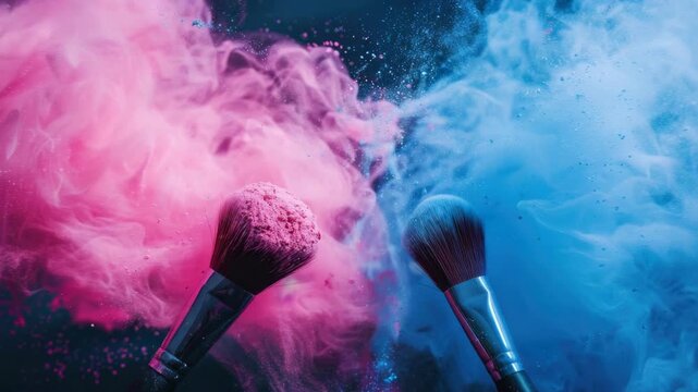 A captivating moment captured as the two brush bristles touch and trigger a dramatic color explosion with pink and blue confetti.