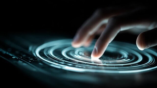 Fingertip touching glowing futuristic interface with concentric circles on dark background