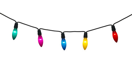 Festive string of colorful Christmas lights on white background