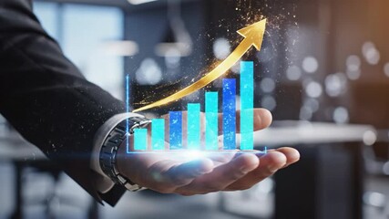 Business Growth Visualization - Holographic Bar Chart in Hand. - Powered by Adobe
