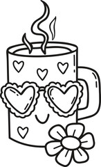 Outline Mug with Glasses Hearts with Chamomile Flower Doodle