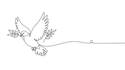 A single continuous line drawing of a dove carrying an olive branch in its beak, symbolizing peace and hope.