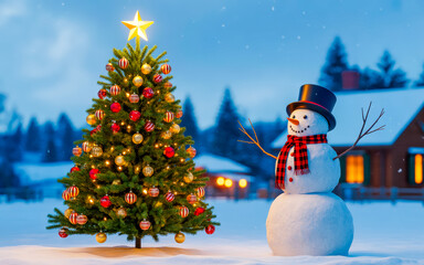 Obraz premium The Christmas tree decorated with ornaments and lights beside a snowman in a snowy winter landscape with a cozy house