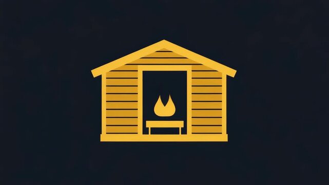 A simple yet detailed of a quaint yellow cabin in the dark, featuring a warm fireplace within.