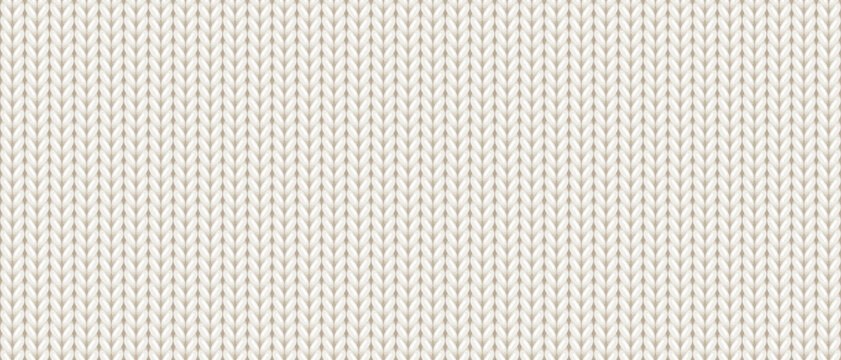 White seamless pattern of wool knitting, sweater texture. Abstract background of warm knitwear cloth fabric in cloud dancer color, material of woven wool or cotton yarn, vector realistic illustration