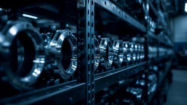 Rows of shiny metallic bearings and industrial rings neatly arranged on metal shelves in dark factory storage