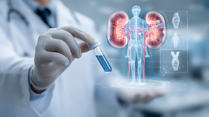 Doctor holding test tube with glowing kidney anatomy and human body hologram medical healthcare