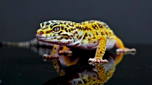 Leopard Gecko on Black Reflective Surface