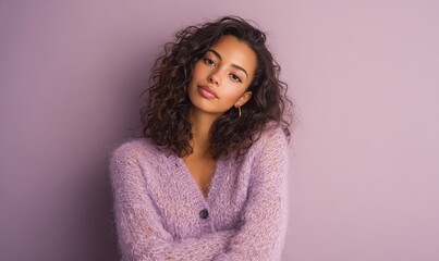 Fototapeta premium A woman with curly hair is wearing a purple sweater