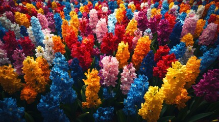 Vibrant tapestry of hyacinths blooms in a kaleidoscope of spring colors
