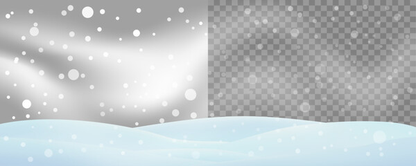 Background with falling snow, mist, and blizzard, soft snowy hills on a transparent sky. For overlay. Editable vector illustration.