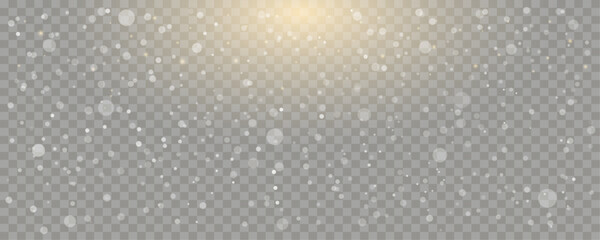 Warm winter overlay with falling snow particles, glowing bokeh lights, and golden sunrise glow. Winter abstract background for holidays. Editable vector illustration.