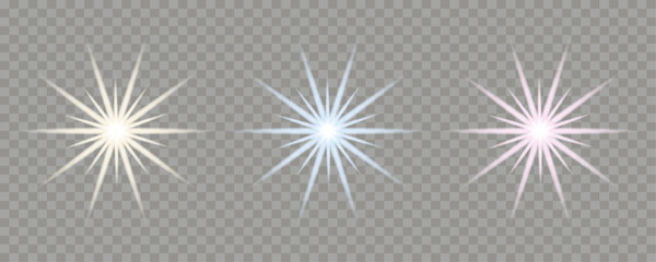 Set of glowing starburst light effects in white, blue, and pink with long rays, isolated on a transparent background. For overlay. Editable vector illustration.