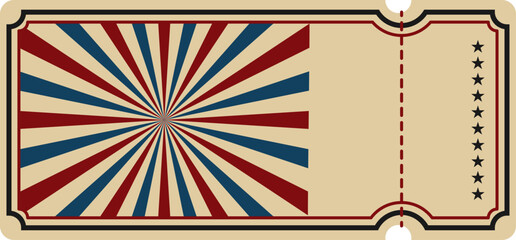 Vintage circus ticket template with retro red and blue sunburst pattern, perforated stub, black stars, and classic carnival design on beige background. Editable vector illustration.