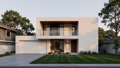 Fototapeta premium Modern house design with a sleek facade and green landscaping.