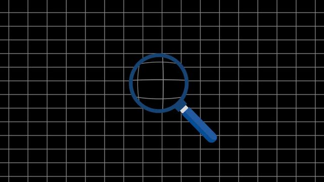 Magnifying glass zoom on grid animation isolated on black background