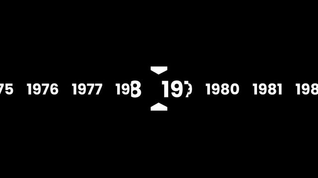 Horizontal timeline scrolling smoothly to the year 1975 animation isolated on black background
