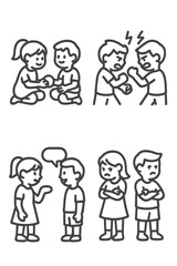 Children's social interaction and emotional states showing cooperation, conflict, communication, and sadness