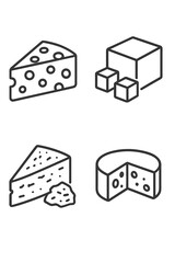 Minimalist line art icons representing various dairy cheese products including wedges, cubes, and a whole wheel