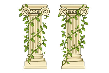 Decorative set of ancient Roman or Greek columns entwined with lush green climbing plants