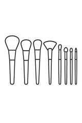 Collection of essential cosmetic brushes for professional makeup application presented in a clean line art style