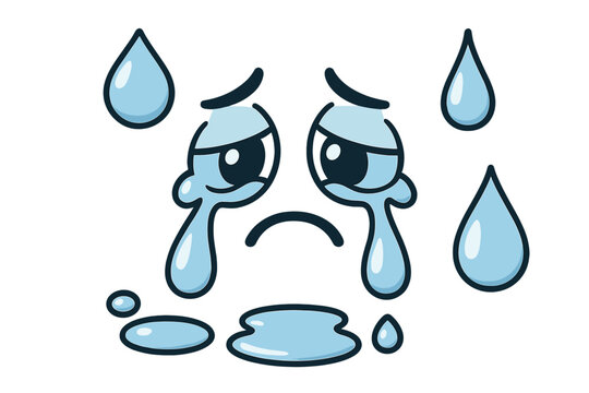 Extremely sad cartoon face crying with large blue tears and downturned mouth