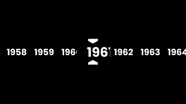 Horizontal timeline scrolling smoothly to the year 1956 animation isolated on black background