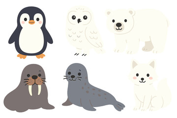 Set of six cute cartoon arctic animals including polar bear, penguin, snowy owl, walrus, seal, and arctic fox