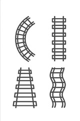 Four railroad track segments including straight, curved, perspective, and wavy shapes