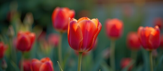 Obraz premium Vibrant tulips in a garden, showcasing vivid red hues and intricate patterns.
