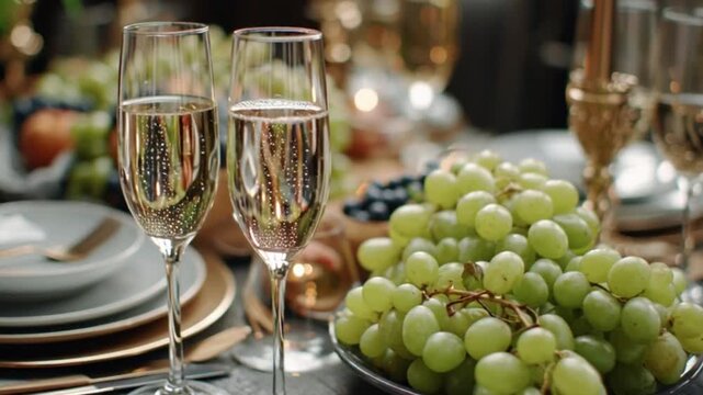 Elegant celebration table with champagne flutes and grapes in festive atmosphere