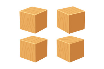 Four isometric wooden cubes set showing different angles and natural wood grain texture