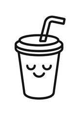 Minimalist black and white line art drawing of a cute disposable soda cup with a straw and sleeping face