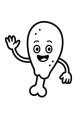 Cheerful cartoon chicken drumstick character waving hand and smiling happily on white background