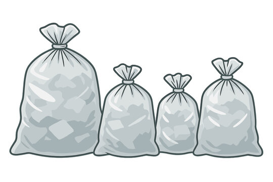 Selection of clear plastic bags filled with frozen ice cubes in different sizes